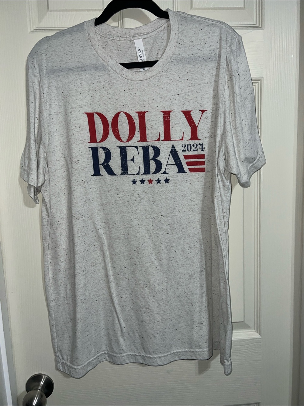 Bella Canvas White Speckled "DOLLY REBA 2024" Graphic Tee - Red & Navy